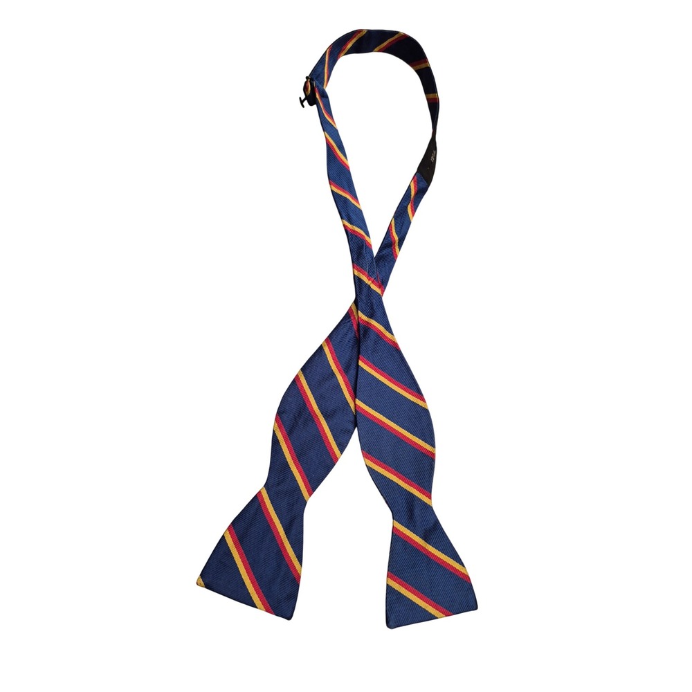 Ben Silver Mens Blue Red Yellow Repp Stripe Pure English Silk Self Tie Bow Tie